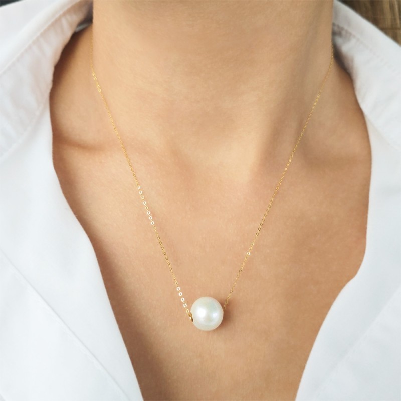 Κολιέ με Κ18 χρυσή αλυσίδα και λευκό μαργαριτάρι - F126645